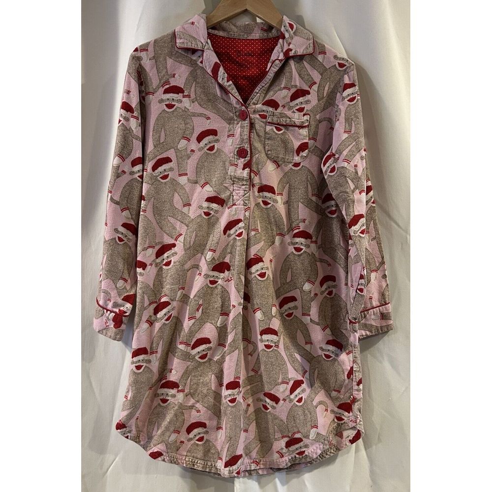 Nick & Nora Flannel Nightshirt Small Santa Hat Sock Monkey Nightgown Christmas